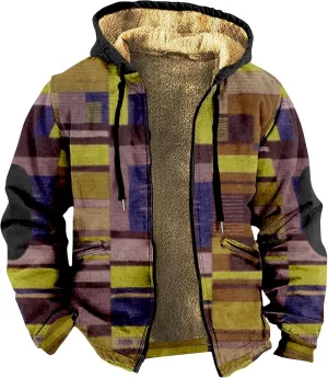 Men's Western Vintage Print Sherpa Fleece Lined Jackets Parka Warm Jacket Outerwear Windbreaker Varsity Coat Hooded