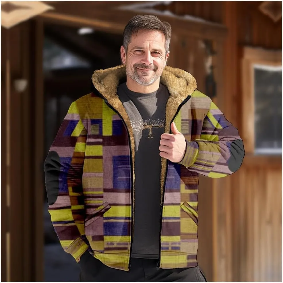 Men's Western Vintage Print Sherpa Fleece Lined Jackets Parka Warm Jacket Outerwear Windbreaker Varsity Coat Hooded