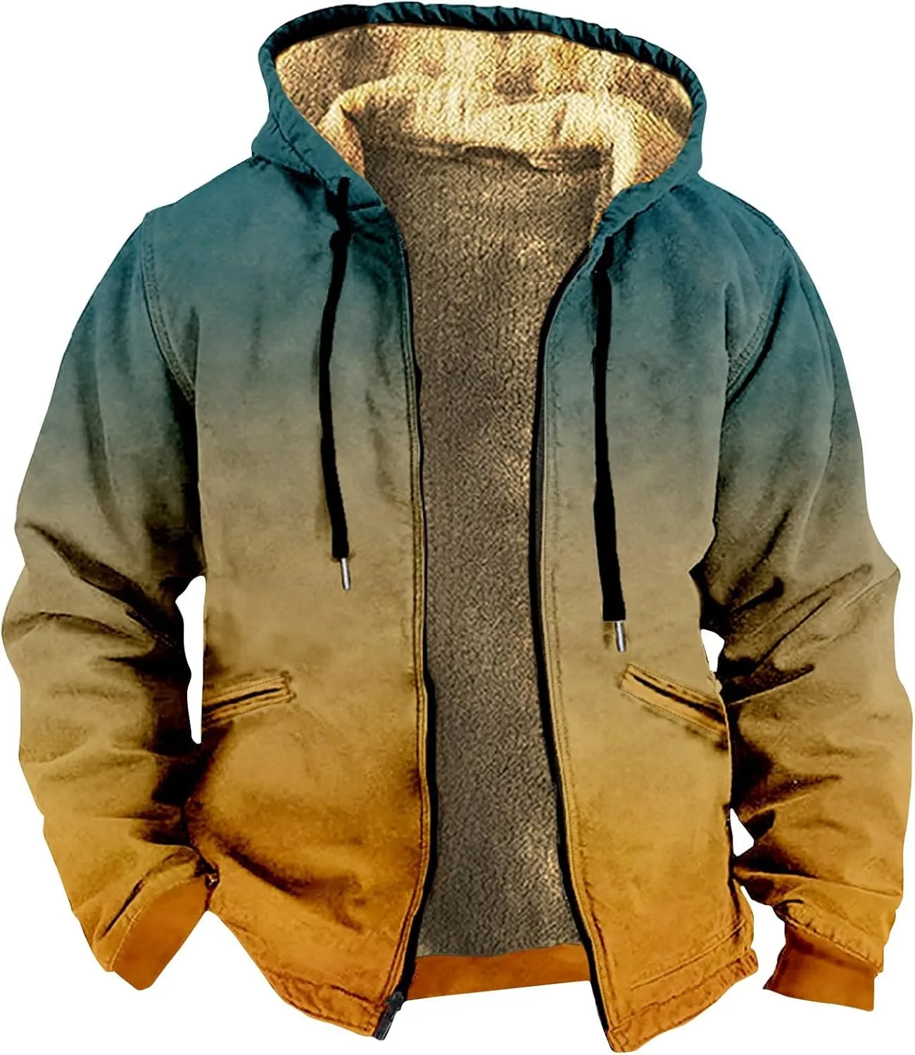 Men's Western Vintage Print Sherpa Fleece Lined Jackets Parka Warm Jacket Outerwear Windbreaker Varsity Coat Hooded