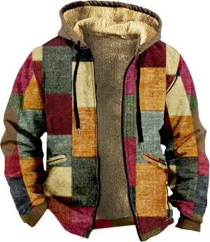 Men's Western Vintage Print Sherpa Fleece Lined Jackets Parka Warm Jacket Outerwear Windbreaker Varsity Coat Hooded