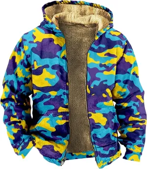 Men's Western Vintage Print Sherpa Fleece Lined Jackets Parka Warm Puffer Jacket Quilted Down Casual Hoodies Hooded