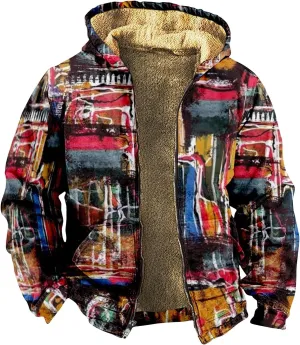 Men's Western Vintage Print Sherpa Fleece Lined Jackets Parka Warm Puffer Jacket Quilted Down Casual Hoodies Hooded
