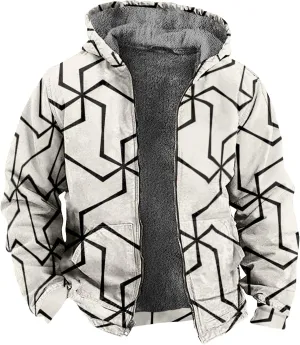 Men's Western Vintage Print Sherpa Fleece Lined Jackets Parka Warm Puffer Jacket Quilted Down Casual Hoodies Hooded