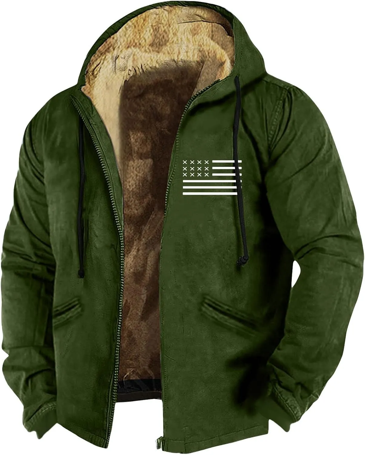 Men's Western Vintage Print Sherpa Fleece Lined Jackets Parka Warm Tactical Jackets Windbreaker Varsity Coat Hooded