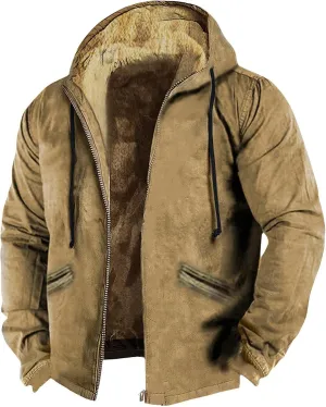 Men's Western Vintage Print Sherpa Fleece Lined Jackets Parka Warm Tactical Jackets Windbreaker Varsity Coat Hooded