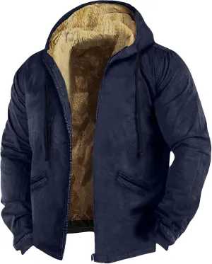 Men's Western Vintage Print Sherpa Fleece Lined Jackets Winter Warm Cozy Outerwear Quilted Down Varsity Coat Hooded