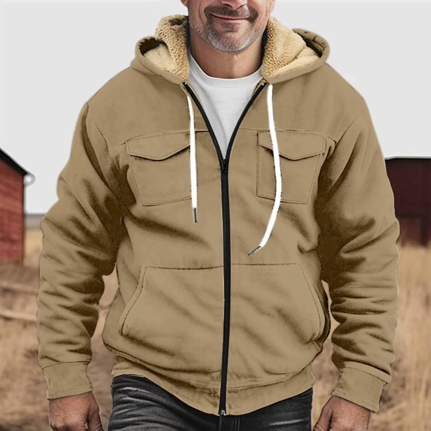 Mens Winter Coats Sherpa Fleece Lined Long Sleeve Hoodies Vintage Print Zipper Coats Casual Loose Jackets
