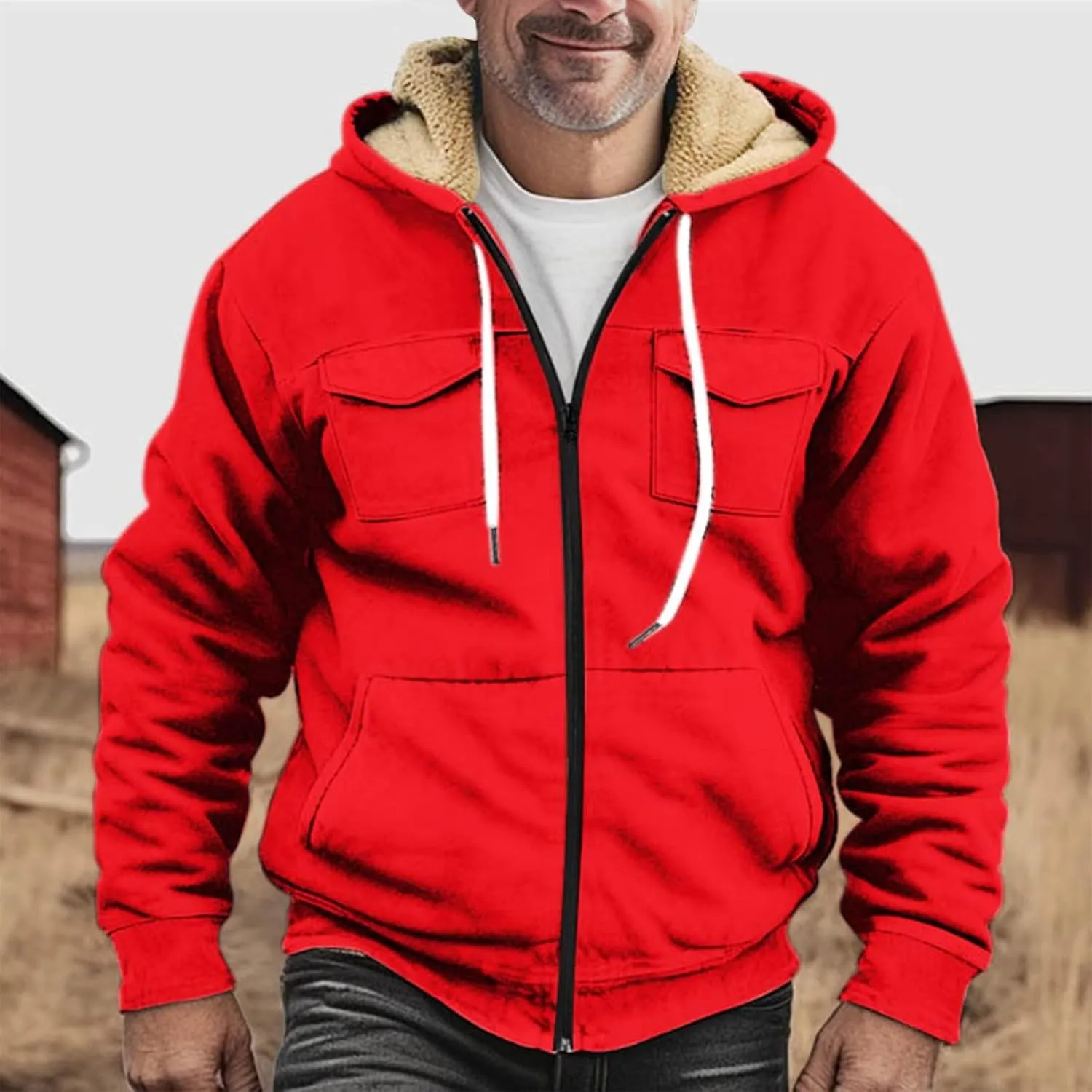 Mens Winter Coats Sherpa Fleece Lined Long Sleeve Hoodies Vintage Print Zipper Coats Casual Loose Jackets