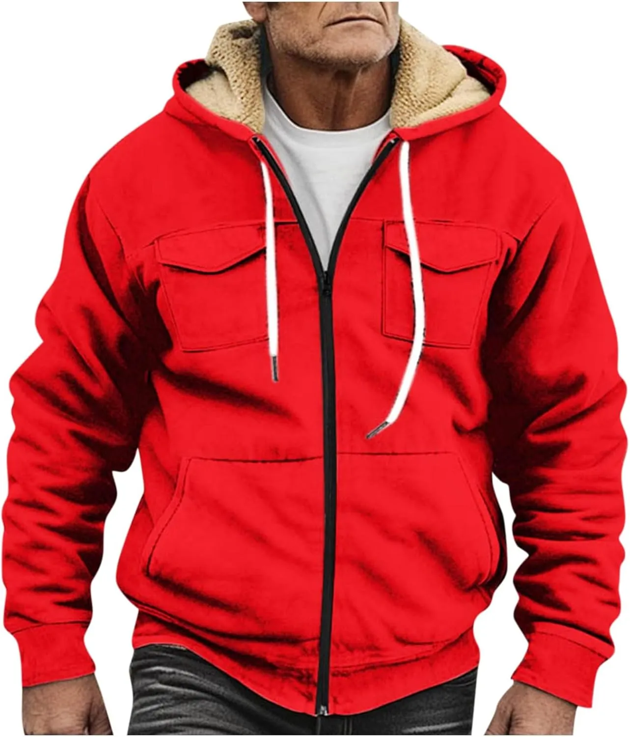 Mens Winter Coats Sherpa Fleece Lined Long Sleeve Hoodies Vintage Print Zipper Coats Casual Loose Jackets