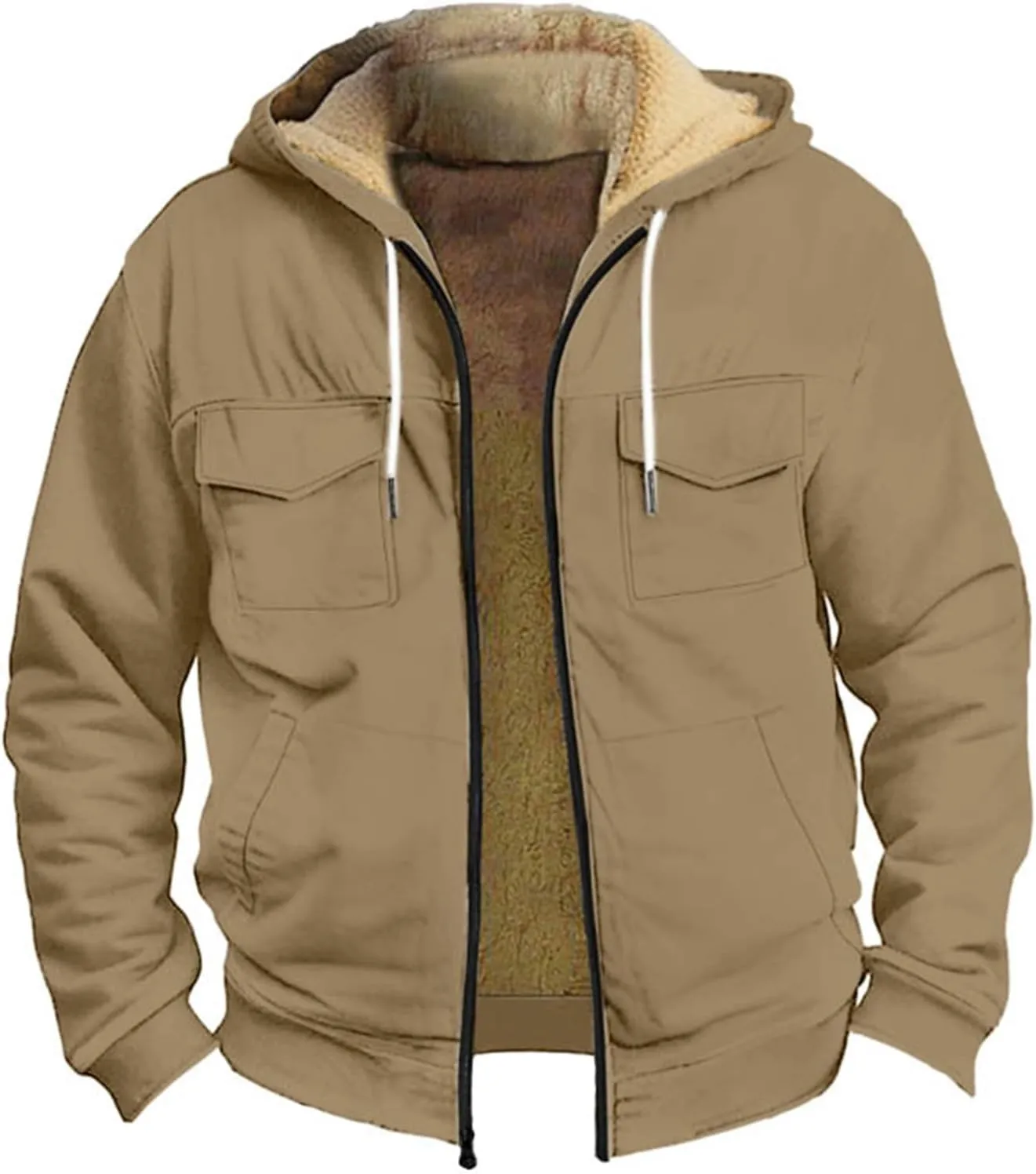 Mens Winter Coats Sherpa Fleece Lined Long Sleeve Hoodies Vintage Print Zipper Coats Casual Loose Jackets