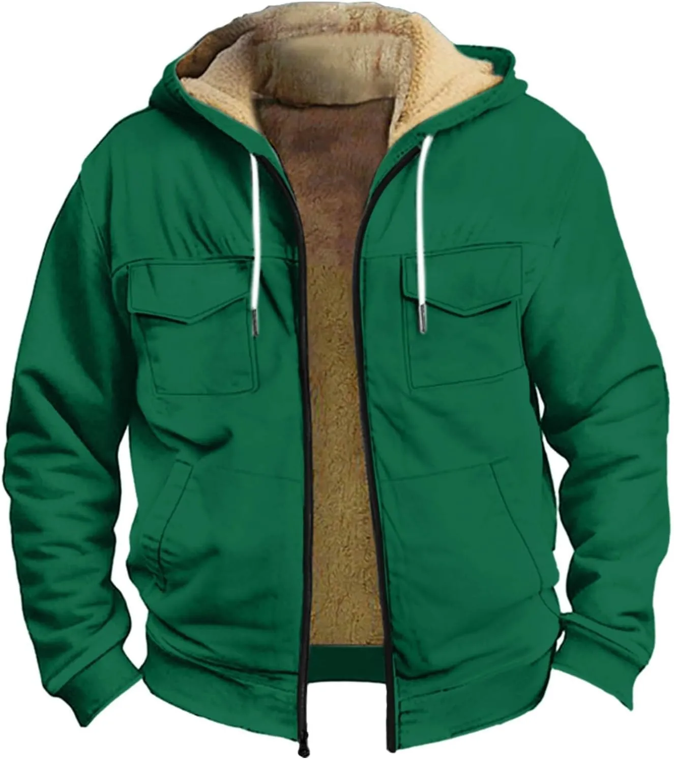 Mens Winter Coats Sherpa Fleece Lined Long Sleeve Hoodies Vintage Print Zipper Coats Casual Loose Jackets