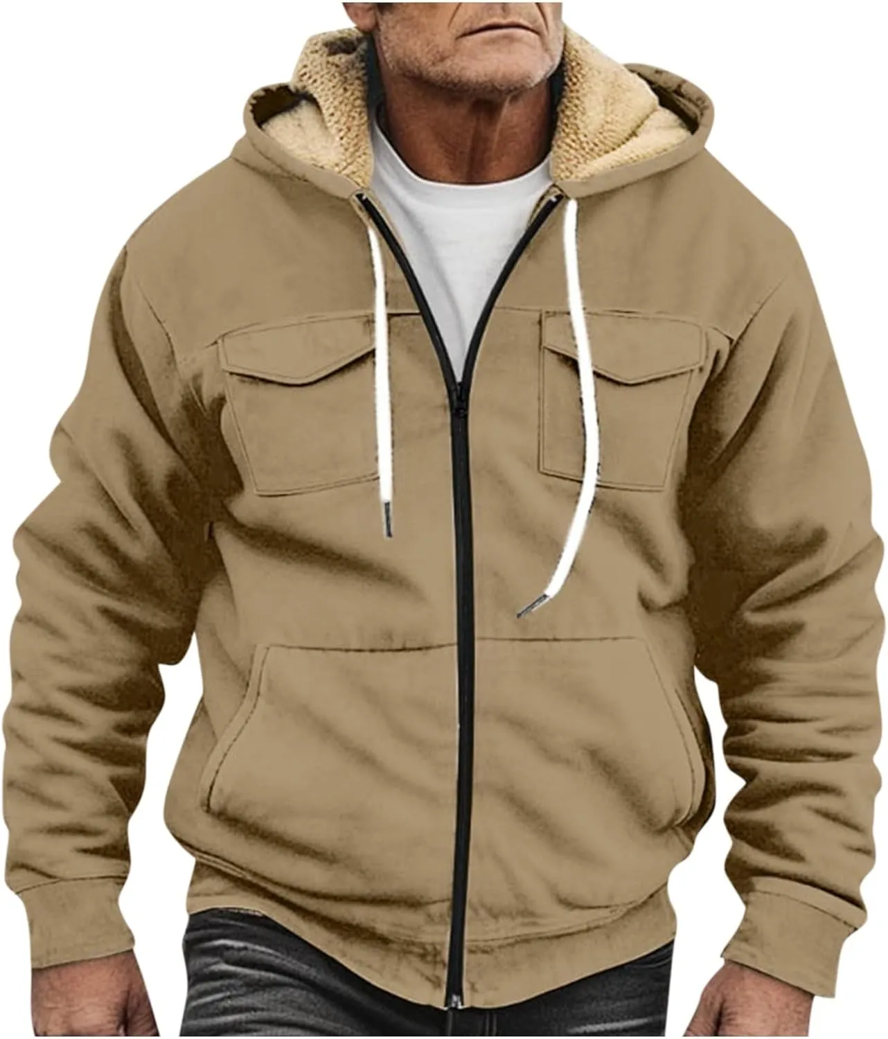 Mens Winter Coats Sherpa Fleece Lined Long Sleeve Hoodies Vintage Print Zipper Coats Casual Loose Jackets