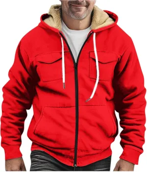 Mens Winter Coats Sherpa Fleece Lined Long Sleeve Hoodies Vintage Print Zipper Coats Casual Loose Jackets