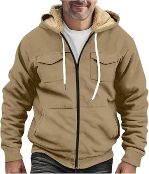 Mens Winter Coats Sherpa Fleece Lined Long Sleeve Hoodies Vintage Print Zipper Coats Casual Loose Jackets