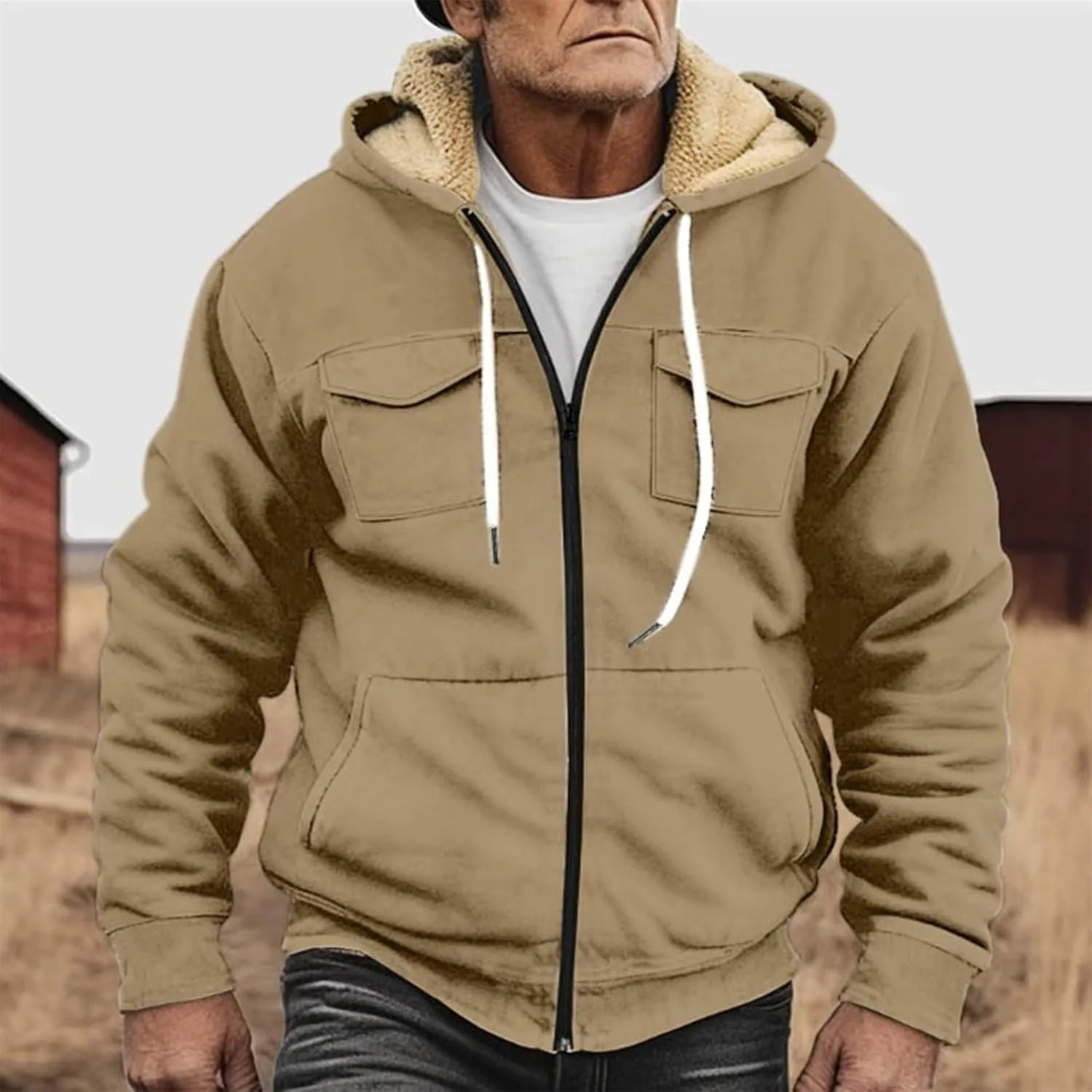 Mens Winter Coats Sherpa Fleece Lined Long Sleeve Hoodies Vintage Print Zipper Coats Casual Loose Jackets
