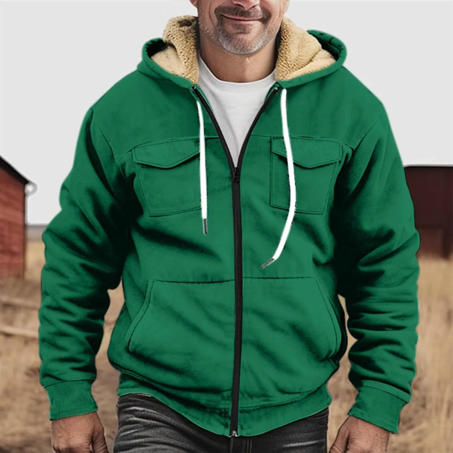 Mens Winter Coats Sherpa Fleece Lined Long Sleeve Hoodies Vintage Print Zipper Coats Casual Loose Jackets