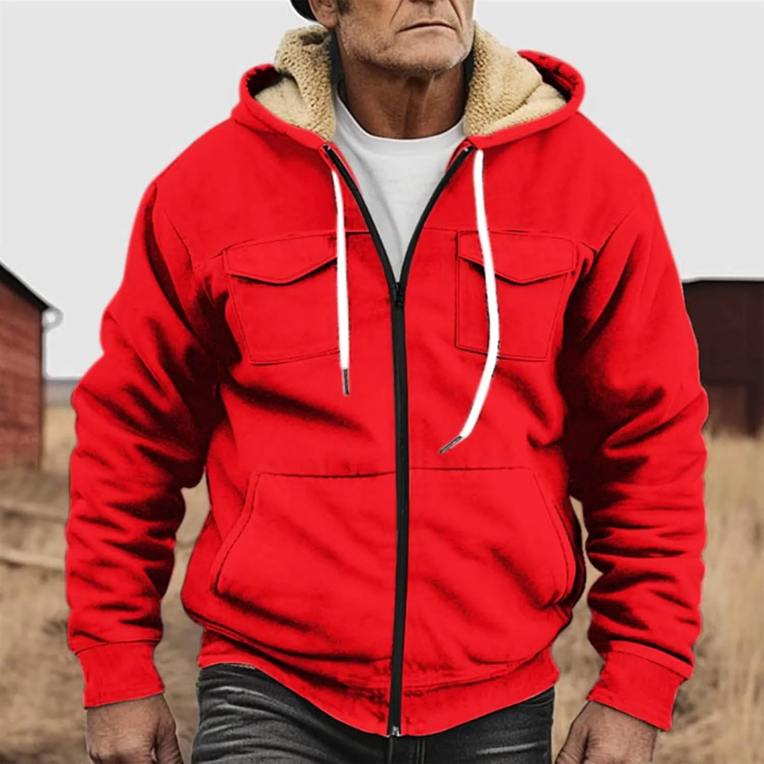 Mens Winter Coats Sherpa Fleece Lined Long Sleeve Hoodies Vintage Print Zipper Coats Casual Loose Jackets