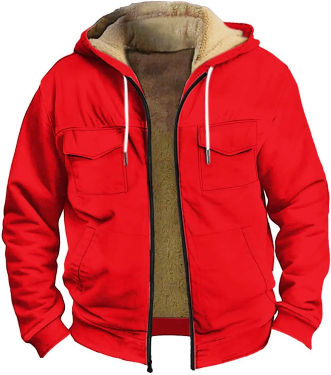 Mens Winter Coats Sherpa Fleece Lined Long Sleeve Hoodies Vintage Print Zipper Coats Casual Loose Jackets