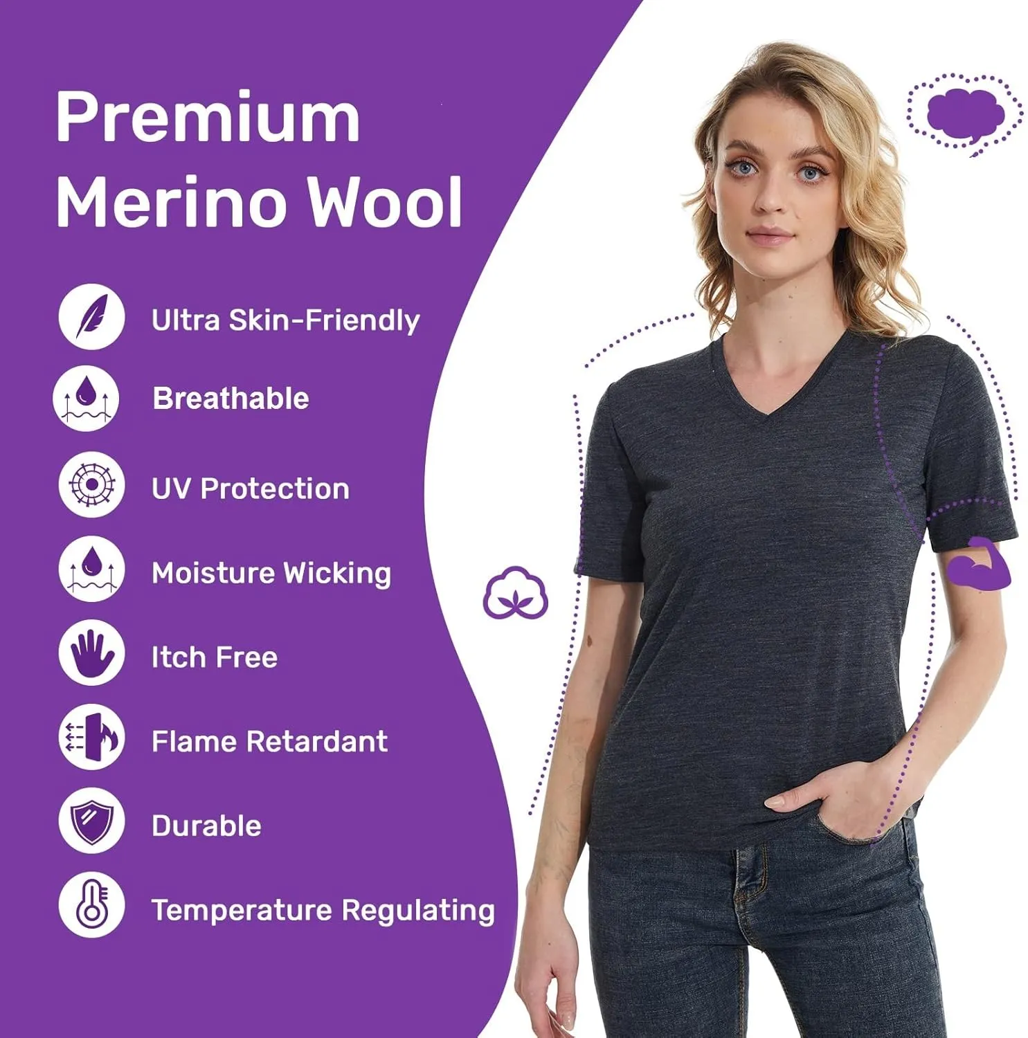 Merino Wool T Shirts for Women V Neck Short Sleeve Athletic Tee Wicking Base Layer