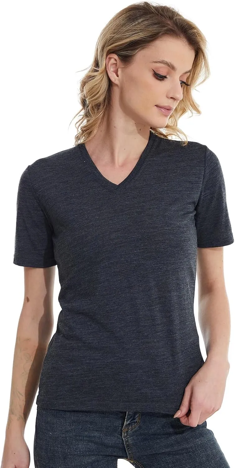 Merino Wool T Shirts for Women V Neck Short Sleeve Athletic Tee Wicking Base Layer