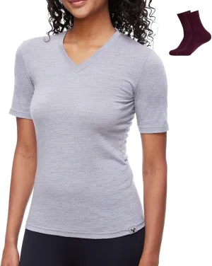Merino Wool T Shirts for Women V Neck Short Sleeve Athletic Tee Wicking Base Layer