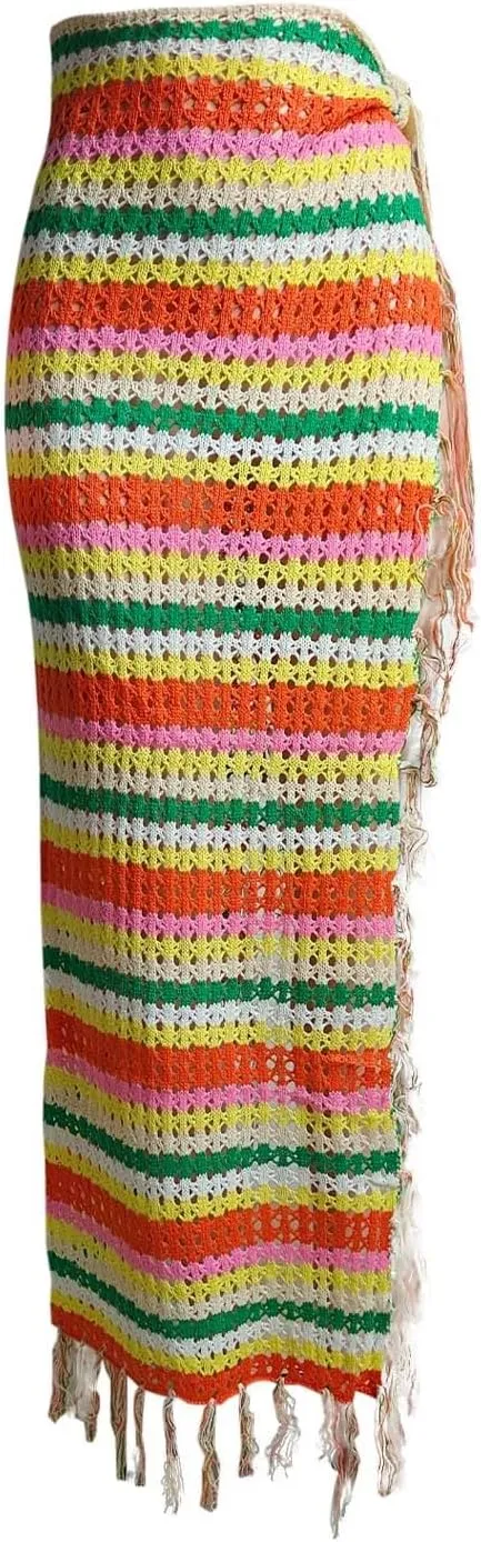 Midi Skirt for Summer Vacation High Split Trendy Striped Casual Beach Midi Skirts for Women with Tassel Beachwear