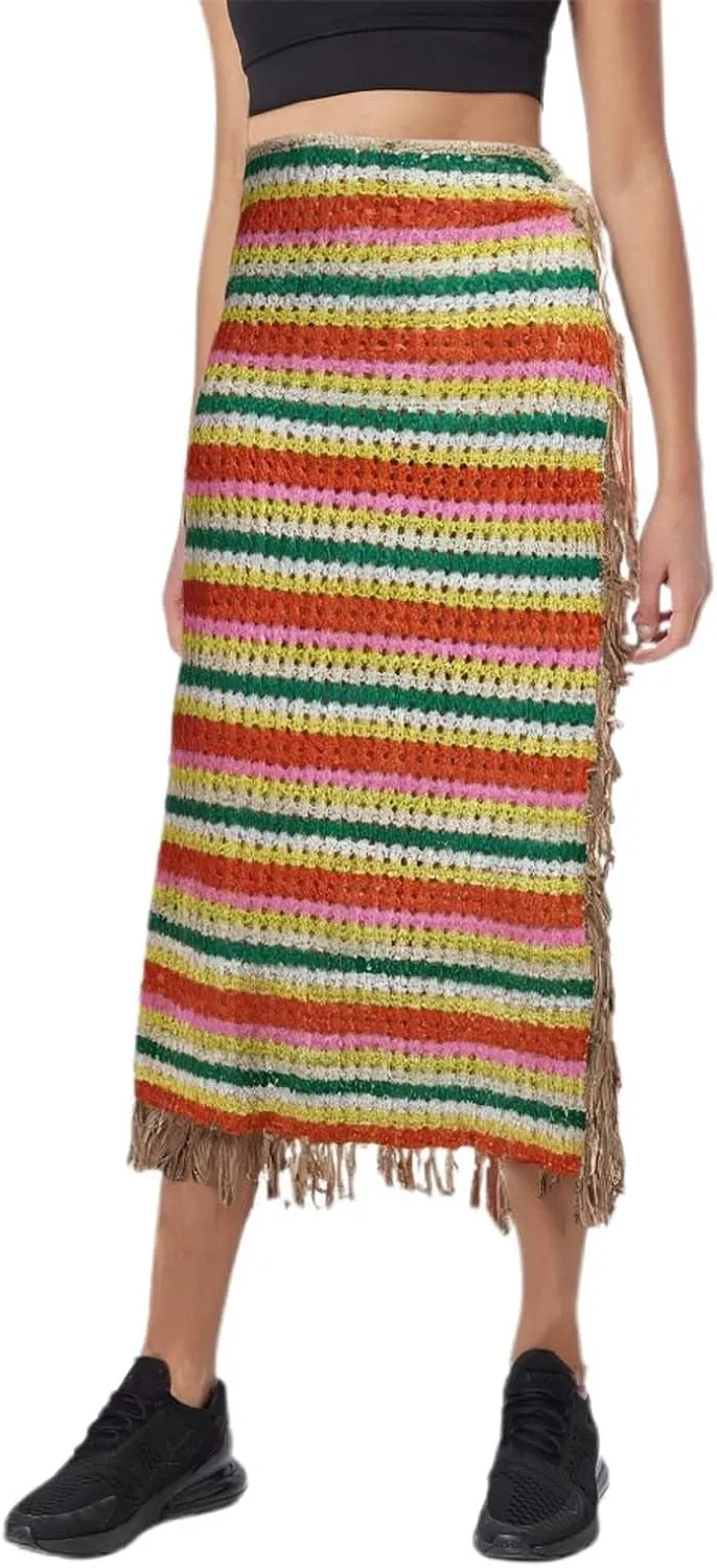Midi Skirt for Summer Vacation High Split Trendy Striped Casual Beach Midi Skirts for Women with Tassel Beachwear