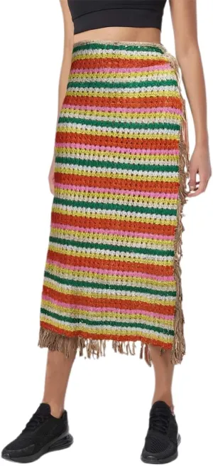 Midi Skirt for Summer Vacation High Split Trendy Striped Casual Beach Midi Skirts for Women with Tassel Beachwear