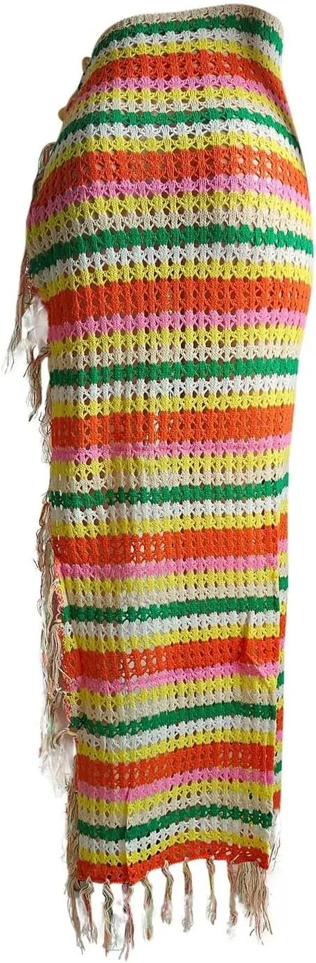 Midi Skirt for Summer Vacation High Split Trendy Striped Casual Beach Midi Skirts for Women with Tassel Beachwear