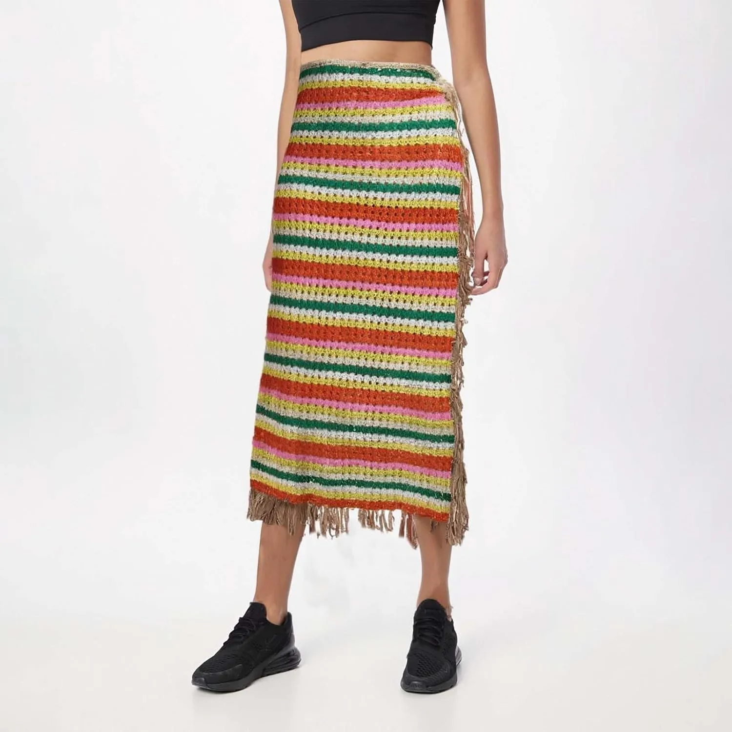 Midi Skirt for Summer Vacation High Split Trendy Striped Casual Beach Midi Skirts for Women with Tassel Beachwear