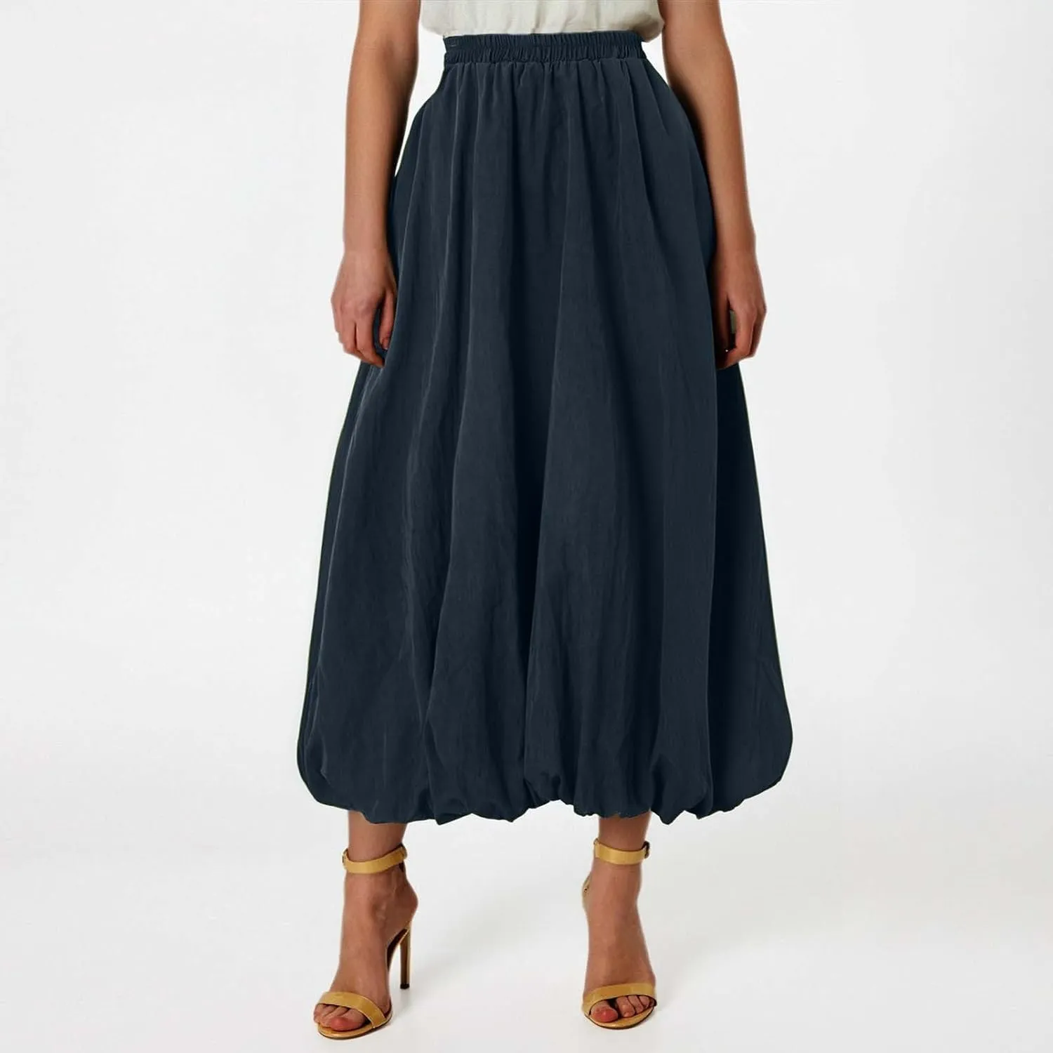 Midi Skirts for Women Flowy High Elastic Waist Tummy Control Loose Solid Color Maxi Skirts for Summer Vacation