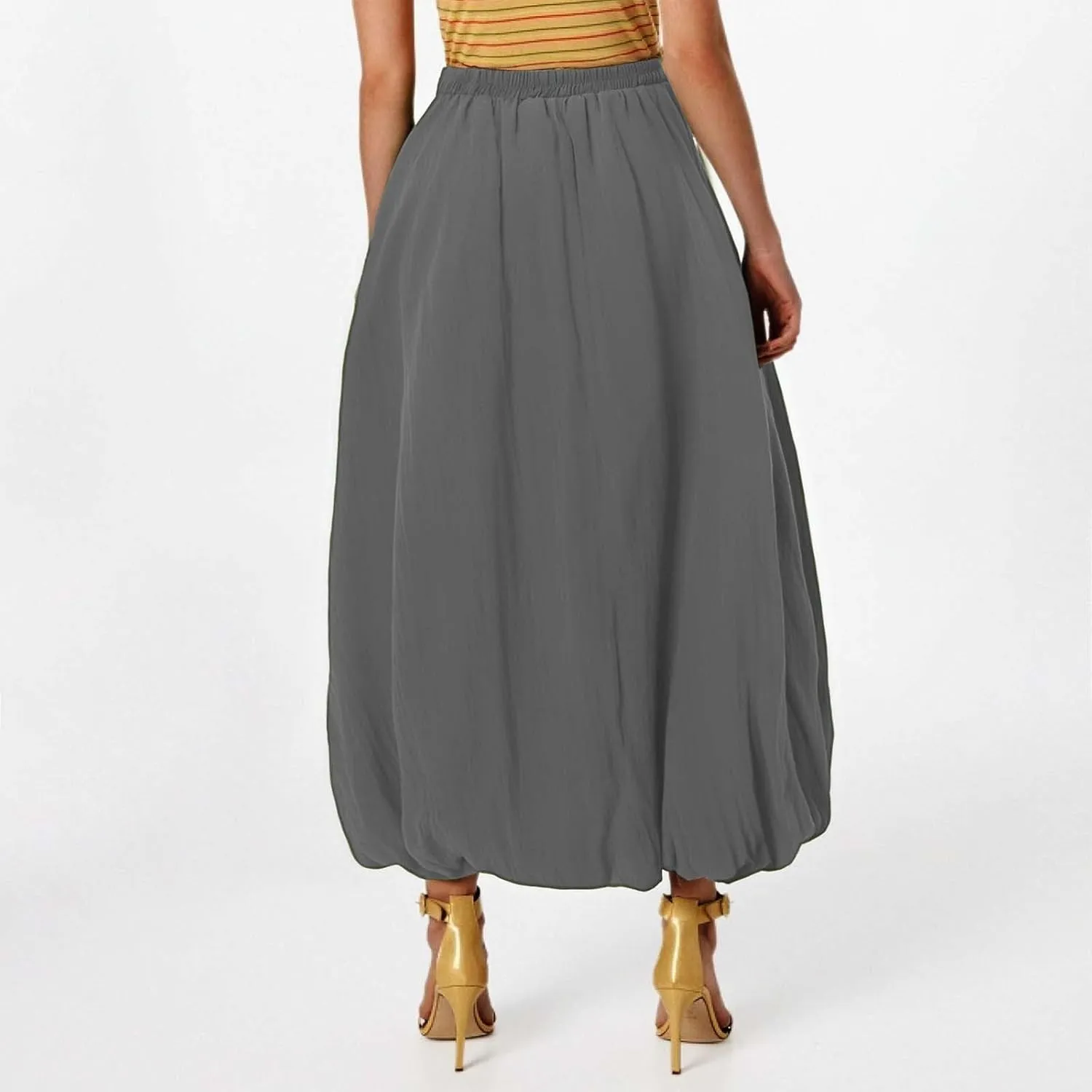Midi Skirts for Women Flowy High Elastic Waist Tummy Control Loose Solid Color Maxi Skirts for Summer Vacation