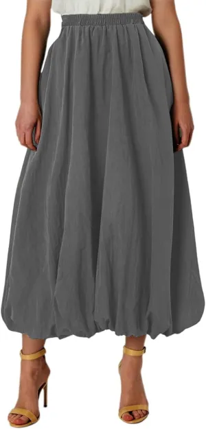 Midi Skirts for Women Flowy High Elastic Waist Tummy Control Loose Solid Color Maxi Skirts for Summer Vacation