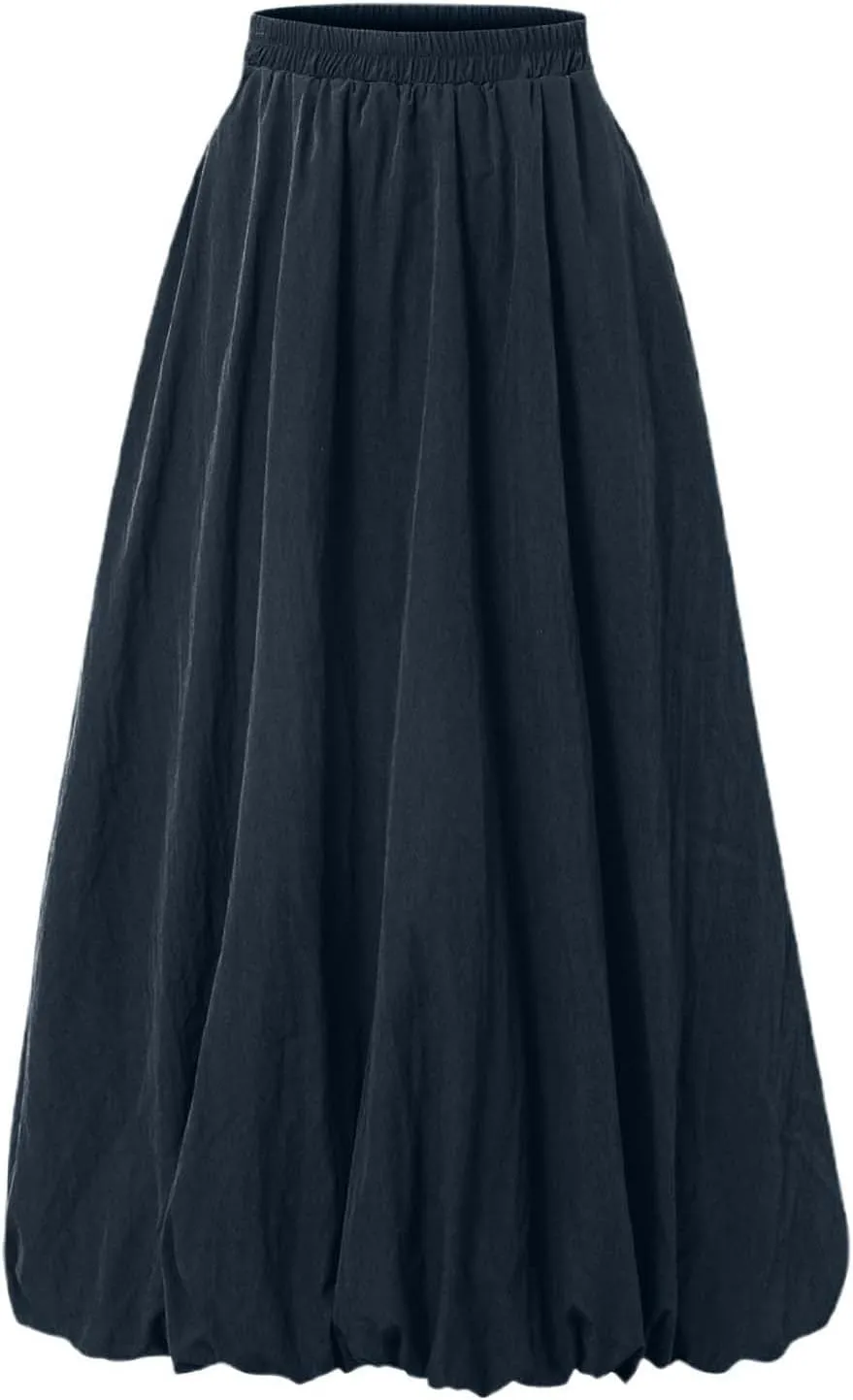 Midi Skirts for Women Flowy High Elastic Waist Tummy Control Loose Solid Color Maxi Skirts for Summer Vacation
