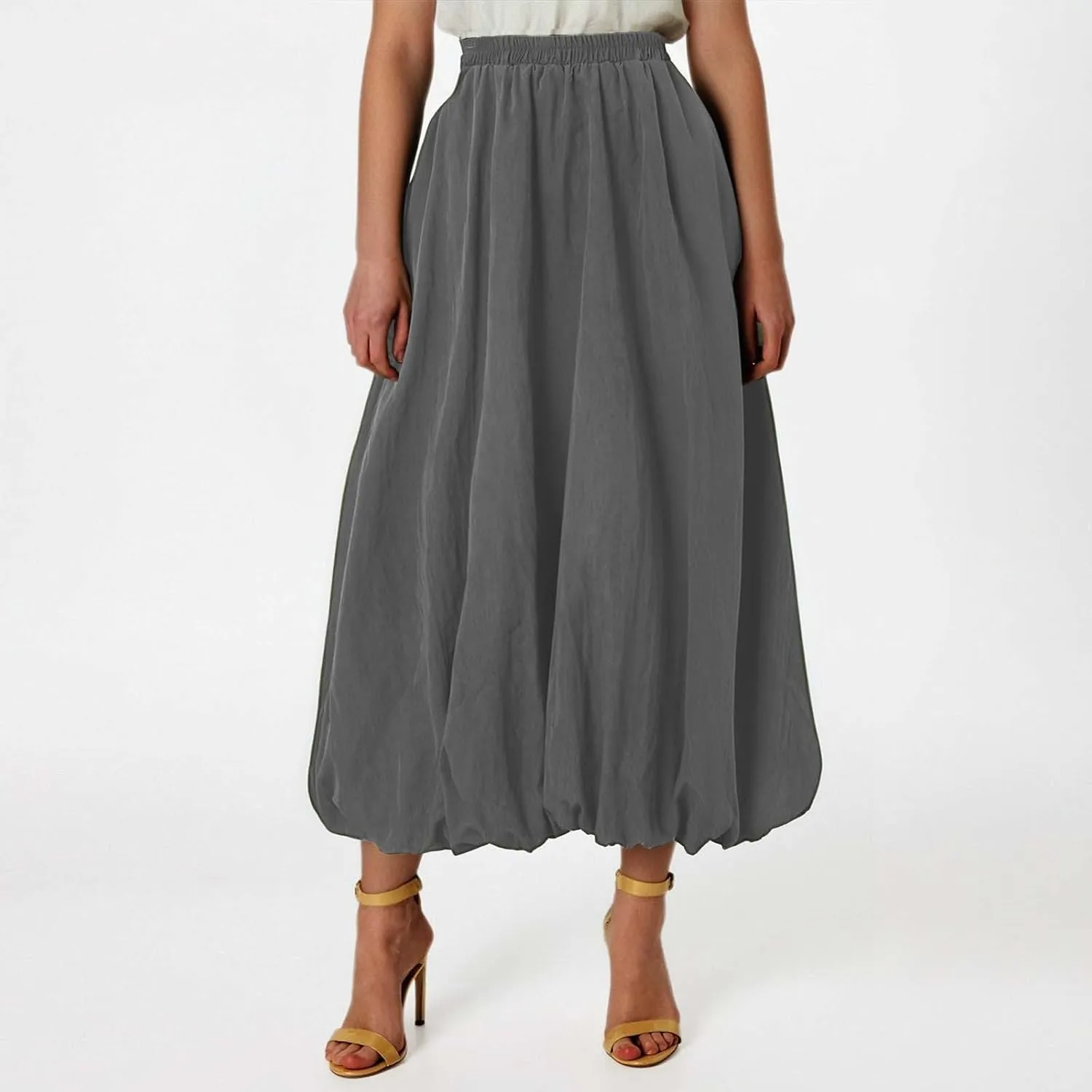 Midi Skirts for Women Flowy High Elastic Waist Tummy Control Loose Solid Color Maxi Skirts for Summer Vacation