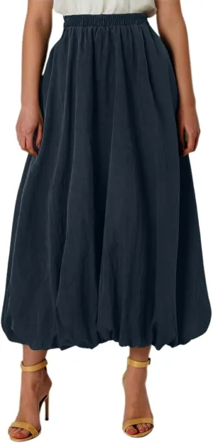 Midi Skirts for Women Flowy High Elastic Waist Tummy Control Loose Solid Color Maxi Skirts for Summer Vacation