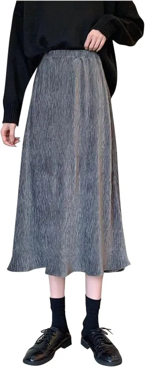 Midi Skirts for Women Trendy Fashion Elastic High Waist Flowy Swing A Line Dressy Casual Tiered Flowy Long Skirt
