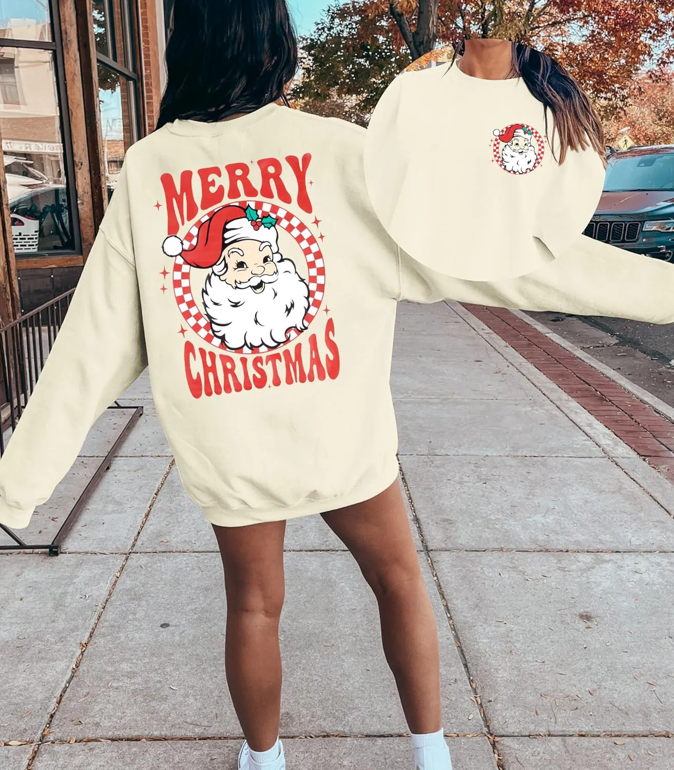 MNLYBABY Merry Christmas Santa Sweatshirt Oversized: Women Christmas Shirt Santa Claus Sweater Christmas Vibes Retro Tops