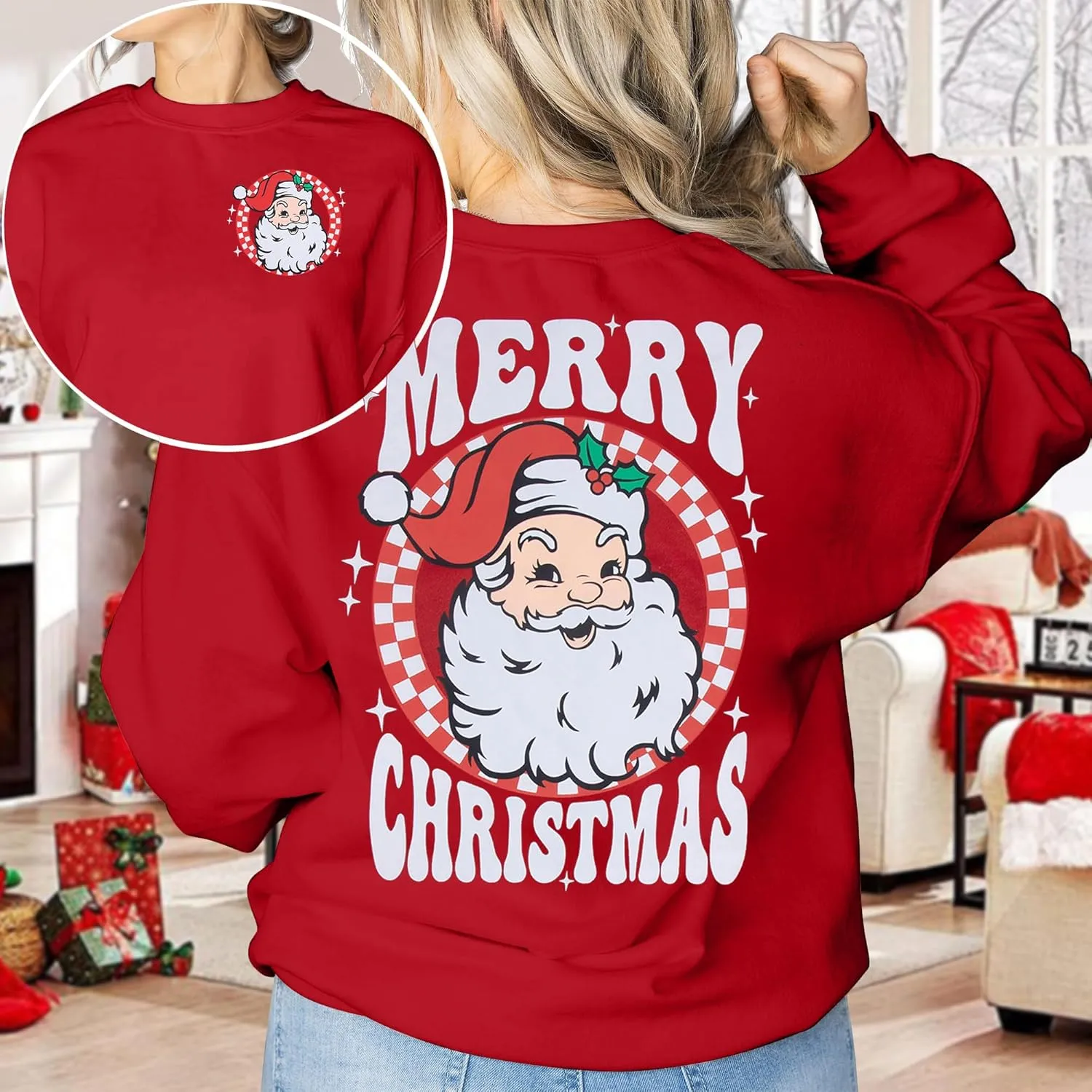 MNLYBABY Merry Christmas Santa Sweatshirt Oversized: Women Christmas Shirt Santa Claus Sweater Christmas Vibes Retro Tops