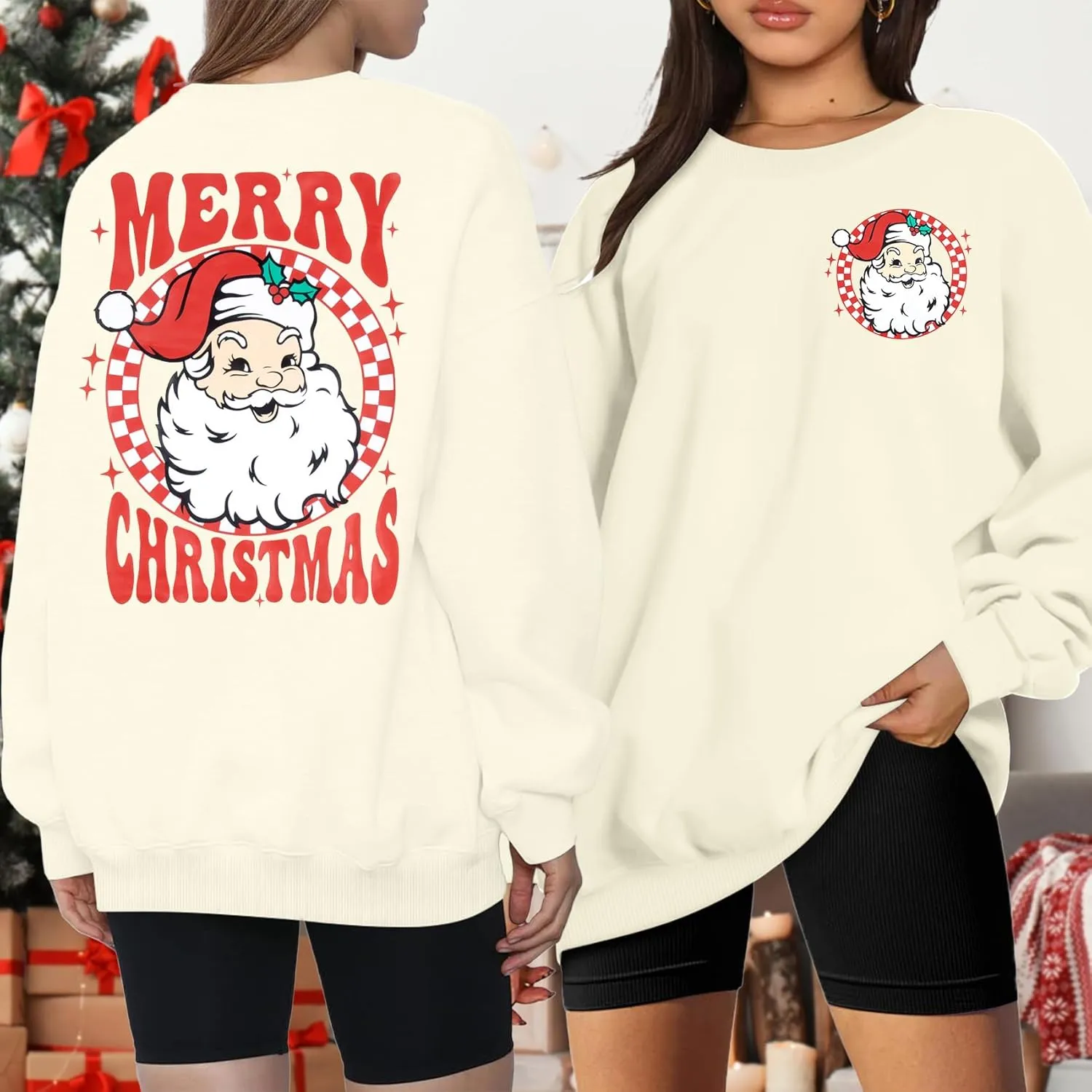 MNLYBABY Merry Christmas Santa Sweatshirt Oversized: Women Christmas Shirt Santa Claus Sweater Christmas Vibes Retro Tops