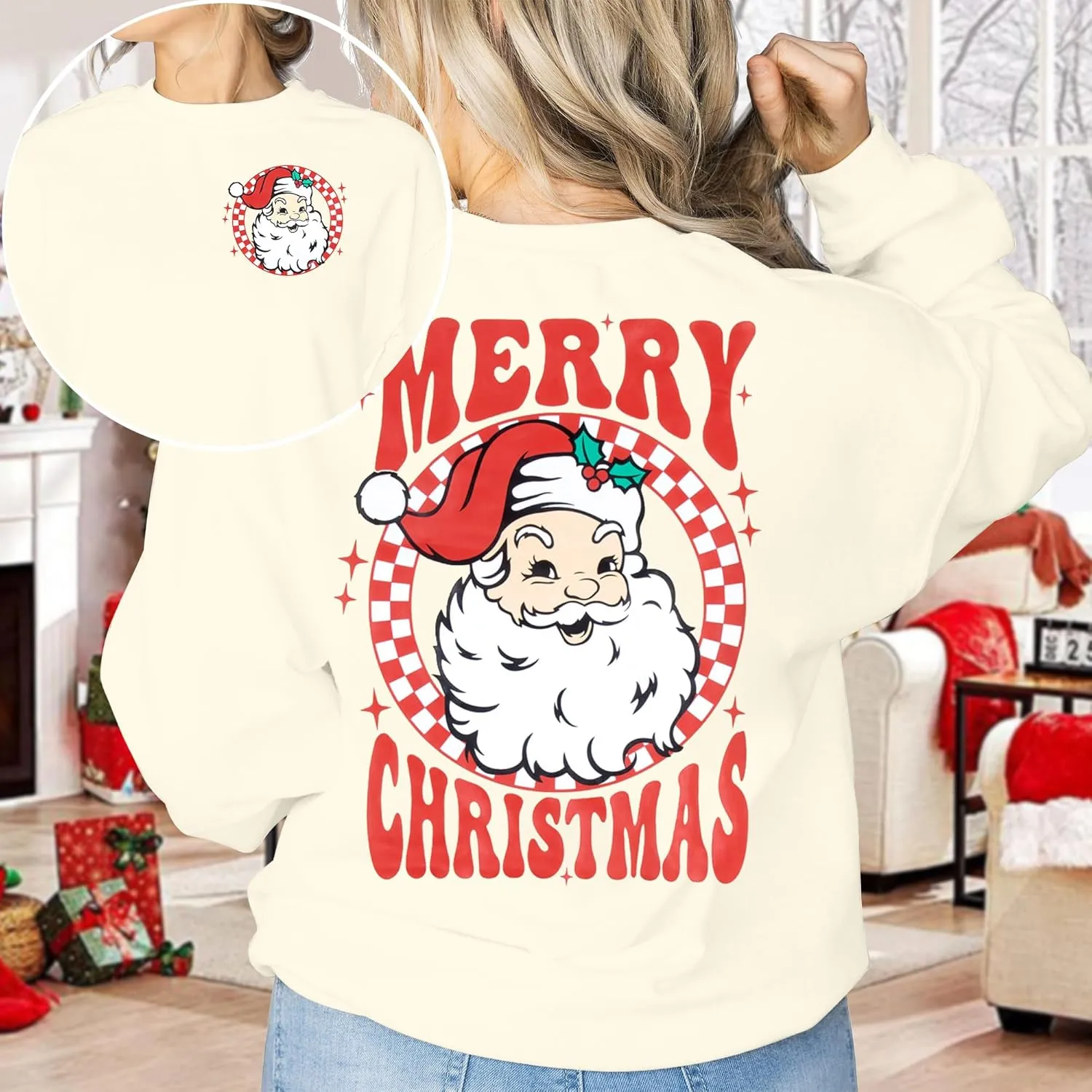 MNLYBABY Merry Christmas Santa Sweatshirt Oversized: Women Christmas Shirt Santa Claus Sweater Christmas Vibes Retro Tops