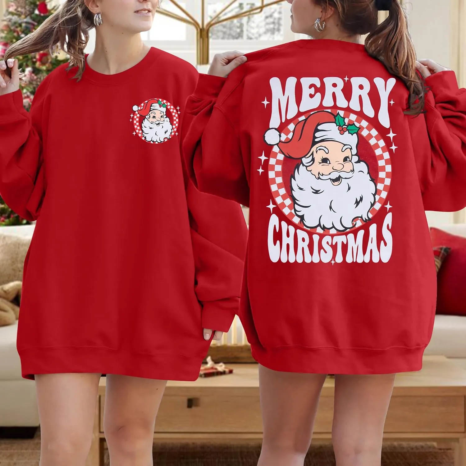 MNLYBABY Merry Christmas Santa Sweatshirt Oversized: Women Christmas Shirt Santa Claus Sweater Christmas Vibes Retro Tops