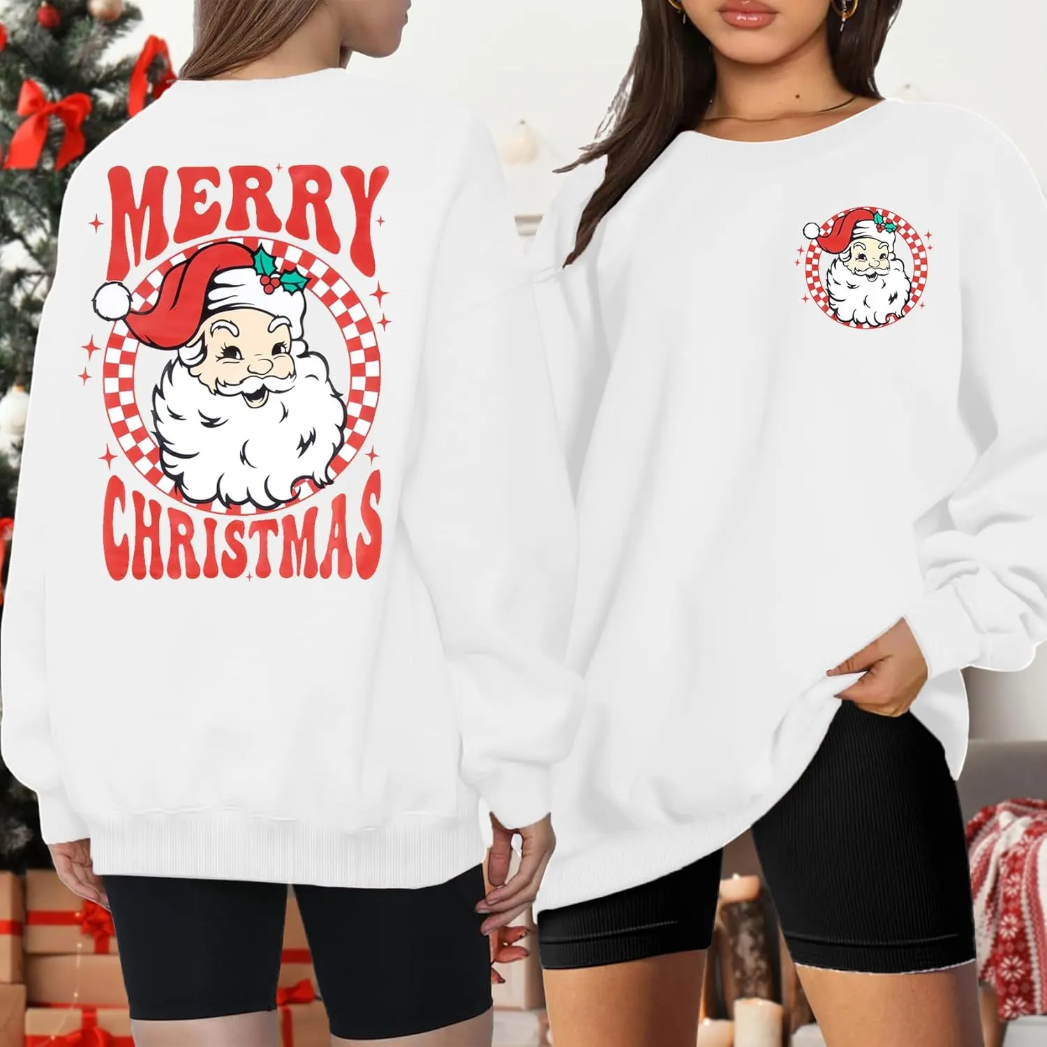 MNLYBABY Merry Christmas Santa Sweatshirt Oversized: Women Christmas Shirt Santa Claus Sweater Christmas Vibes Retro Tops