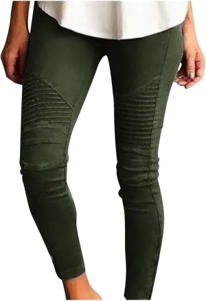 NATHGAM Women's Stretch Pants High Waisted Leggings Striped Decoration Slim Dressy Trousers Trendy Skinny Straight Leg Pants