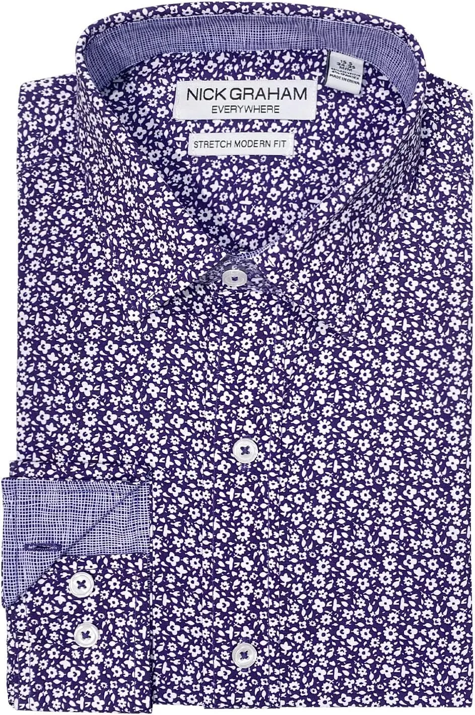 Nick Graham Long Sleeve Floral Traveler Dress Shirt for Men, Wrinkle Free Men’s Dress Shirt with Performance Fabric