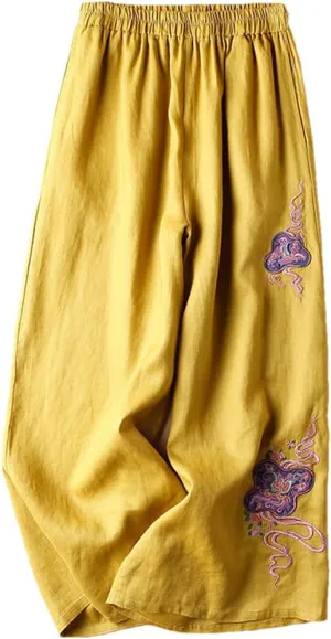 Niiyyjj Embroidered Wide-Leg Pants Women's Cotton Linen High-Waisted Loose Straight Casual Trousers