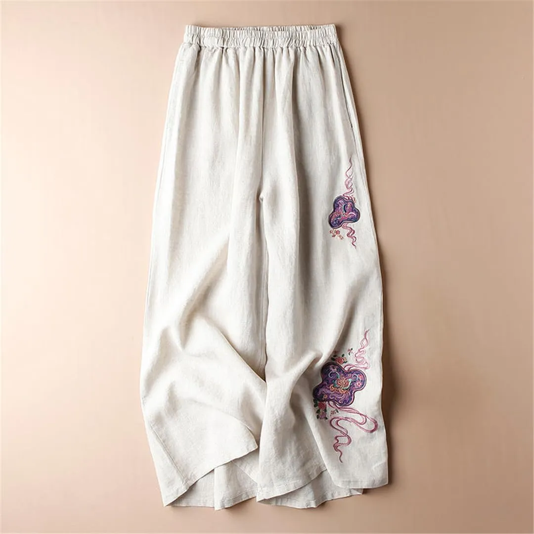Niiyyjj Embroidered Wide-Leg Pants Women's Cotton Linen High-Waisted Loose Straight Casual Trousers