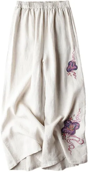Niiyyjj Embroidered Wide-Leg Pants Women's Cotton Linen High-Waisted Loose Straight Casual Trousers