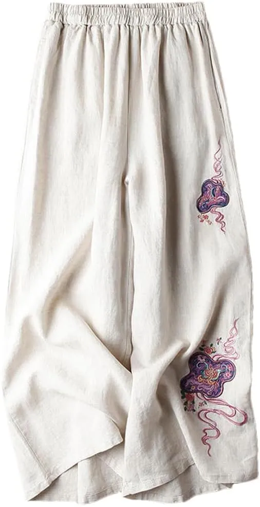 Niiyyjj Embroidered Wide-Leg Pants Women's Cotton Linen High-Waisted Loose Straight Casual Trousers