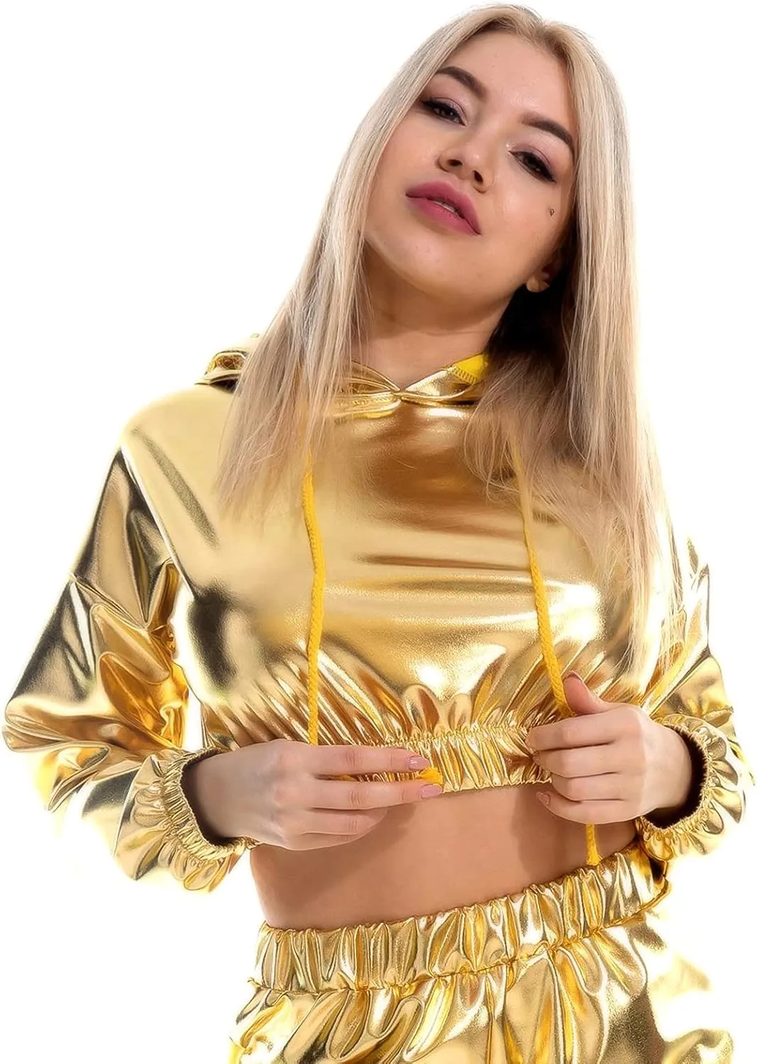 OBEEII Womens Shiny Metallic Crop Top Hoodies Drawstring Long Sleeve Wet Look Pullover Holographic Sweatshirts Club Wear